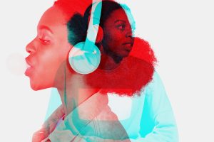 Woman listening to music in double color exposure effect